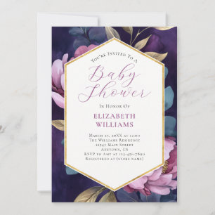 Invitation Baby shower Purple Pink Gold Green Peonies