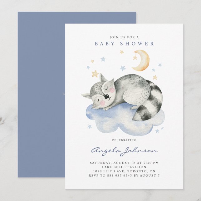 Invitation Baby shower Raccoon couché à l'aquarelle (Devant / Derrière)