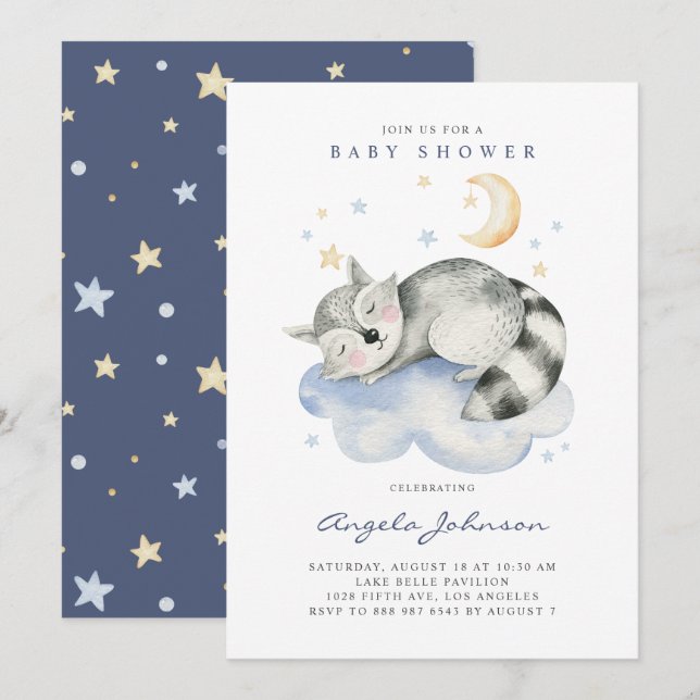 Invitation Baby shower Raccoon couché bébé couché à l'aquarel (Devant / Derrière)