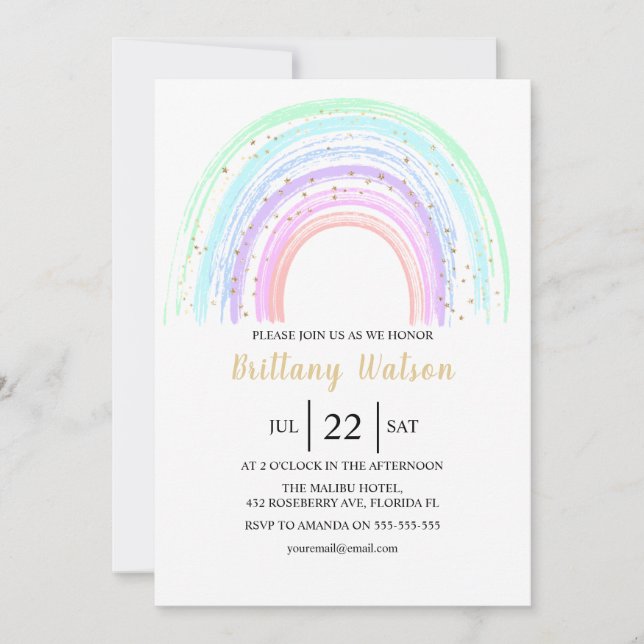 Invitation Baby shower Rainbow Et Gold Stars (Devant)
