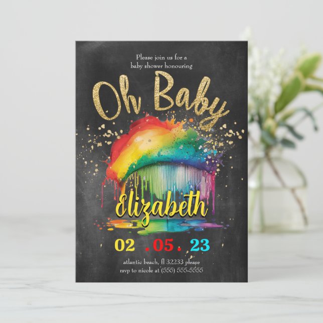 Invitation Baby shower Rainbow Gold Chalkboard (Debout devant)