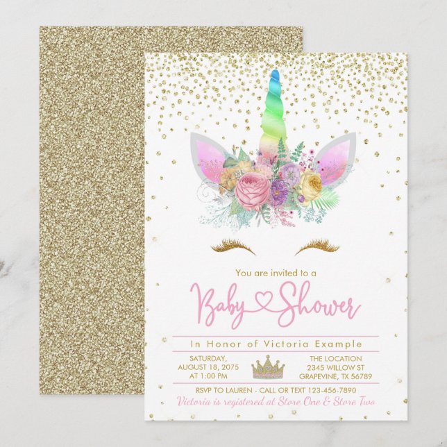 Invitation Baby shower Rainbow Unicorn (Devant / Derrière)