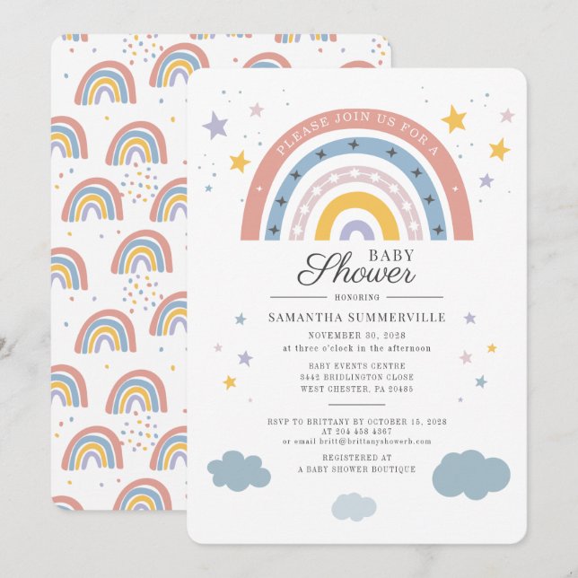 Invitation Baby shower Rainbow Watercolor Script (Devant / Derrière)