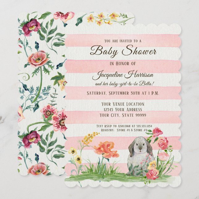 Invitation Baby shower rayé de fille de lapin d'oreille de (Devant / Derrière)