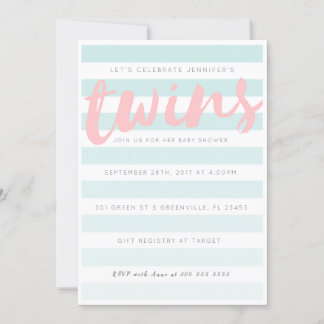 Invitation Baby shower rayé rose bleu Twins