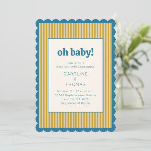 Invitation Baby Shower rayure vintage bleu jaune festonné