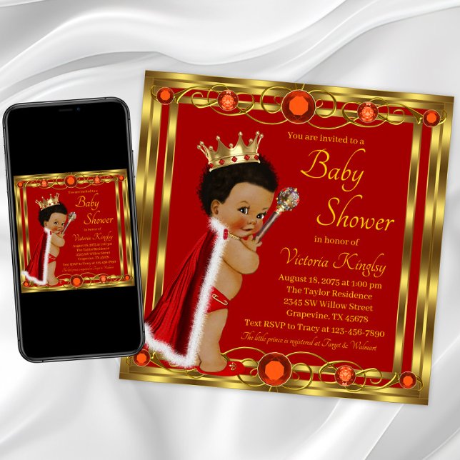 Invitation Baby shower Red Gold Afro Prince (Red gold prince baby shower invitation. Instant download and printed invitations available. )
