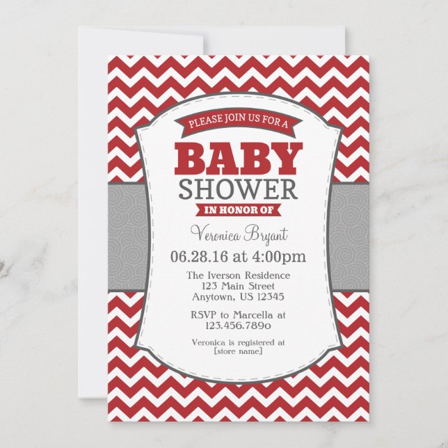 Invitation Baby shower Red Grey Chevron (Devant)