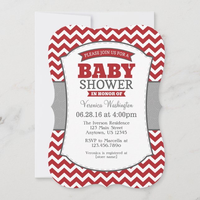 Invitation Baby shower Red Grey Chevron (Devant)
