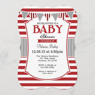 Invitation Baby shower Red Grey Stripes
