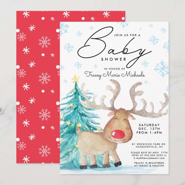 Invitation Baby shower | Renard aquarelle de Noël (Devant / Derrière)