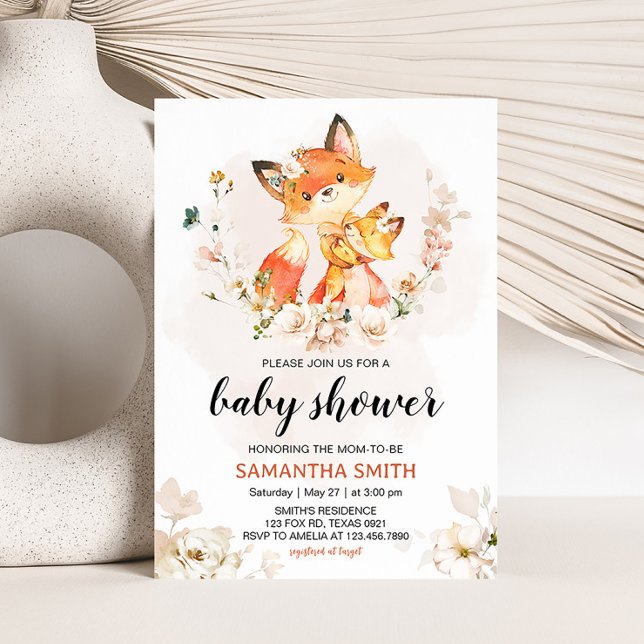 Invitation Baby Shower Renard Floral Orange  (Fox Baby Shower Invitation)