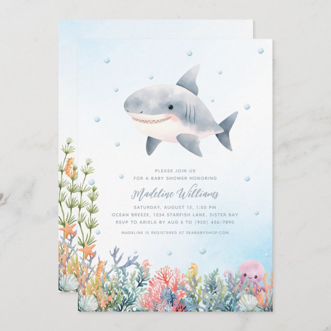 Invitation Baby shower requin (Devant / Derrière)