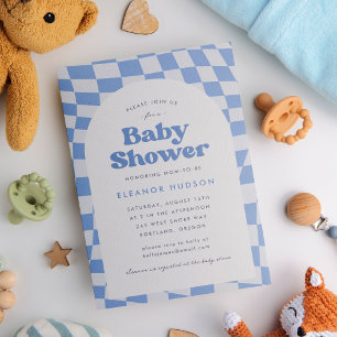 Invitation Baby Shower Rétro Bleu Groovy Années 70 Damier