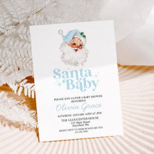 Invitation Baby shower Retro Blue Père Noël Baby Holiday