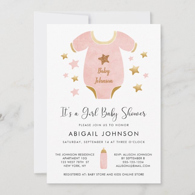 Invitation Baby shower rétro d'aquarelle rose fille (Devant)