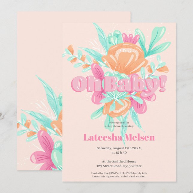 Invitation Baby shower rétro de calligraphie florale rose mod (Devant / Derrière)