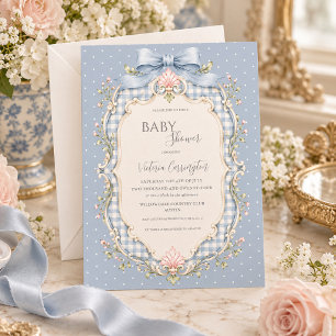 Invitation Baby shower rétro floral rose et carreaux bleus