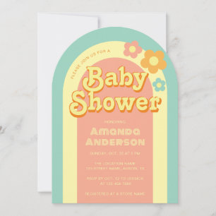 Invitation Baby-Shower Rétro Groovy Arche Arc-en-Ciel Fleurs