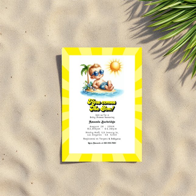 Invitation Baby shower Retro Sunny Beach "Voici le fils" (Retro Sunny Beach "Here Comes the Son" Baby Shower Invitation









)
