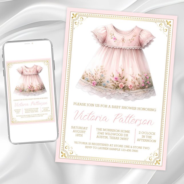 Invitation Baby shower Robe Fleur sauvage Blush Gold (Sweet blush pink gold baby shower invitation. Instant download and printed invitations available.)