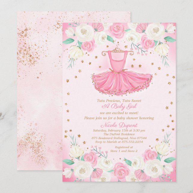 Invitation Baby shower Robe Tutu Ballerina Parties scintillan (Devant / Derrière)
