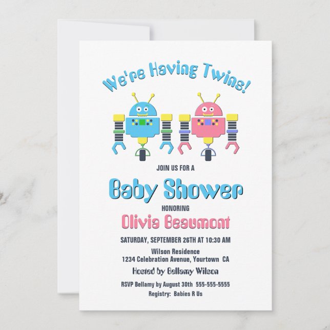 Invitation Baby shower robotique pour bébés jumeaux non ident (Devant)