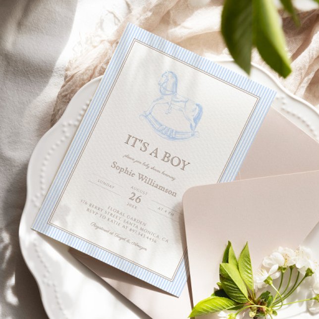 Invitation Baby shower Rocking Horse Blue Toile De Jouy (Créateur téléchargé)