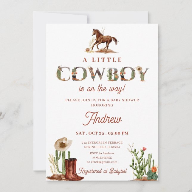Invitation Baby shower Rodeo Western Cowboy personnel (Devant)