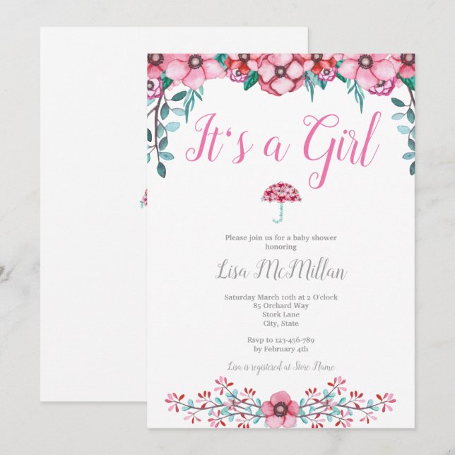 Invitation Baby shower rose (Devant / Derrière)