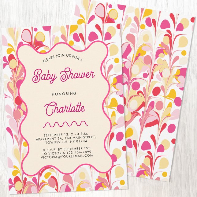 Invitation Baby shower rose Abstrait rétro moderne (Modern retro pink and yellow abstract wavy baby shower invitation with custom personalized text)