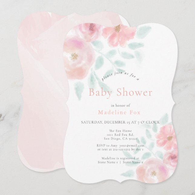 Invitation Baby shower Rose Aquarelle Aime Aime Rose (Devant / Derrière)