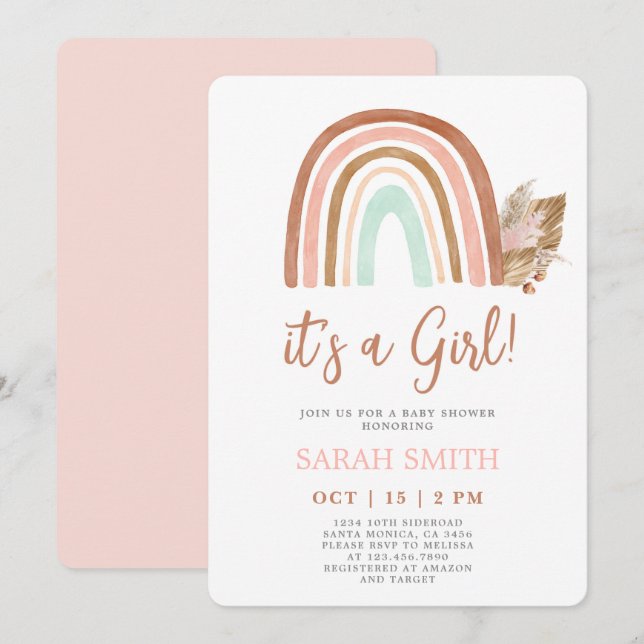 Invitation Baby shower rose arc en ciel (Devant / Derrière)