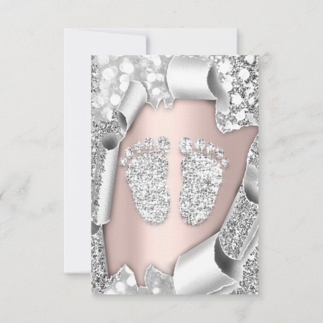 Invitation Baby shower Rose argent pieds Parties scintillant  (Dos)