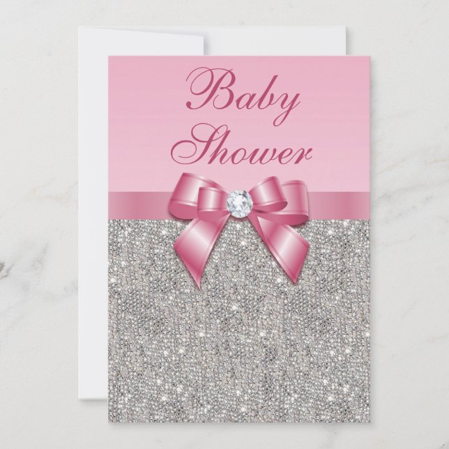 Invitation Baby shower rose argenté de filles de gemmes, (Devant)
