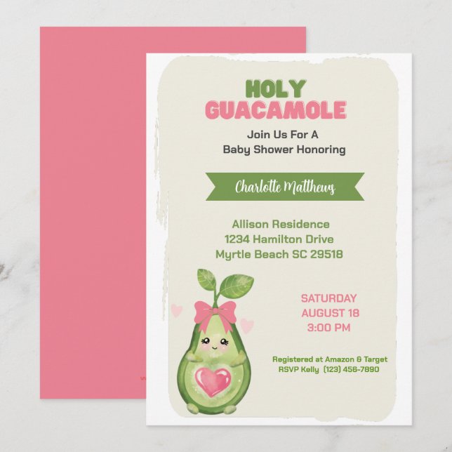 Invitation Baby shower rose Avocado Saint-Guacamole (Devant / Derrière)