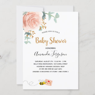 Invitation Baby shower rose bee bee rose fleurie fille