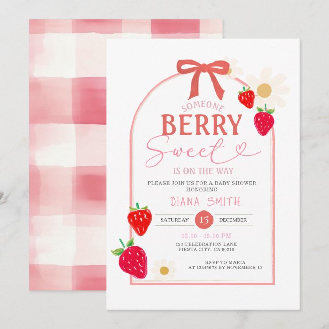 Invitation Baby shower rose Berry doux (Devant / Derrière)