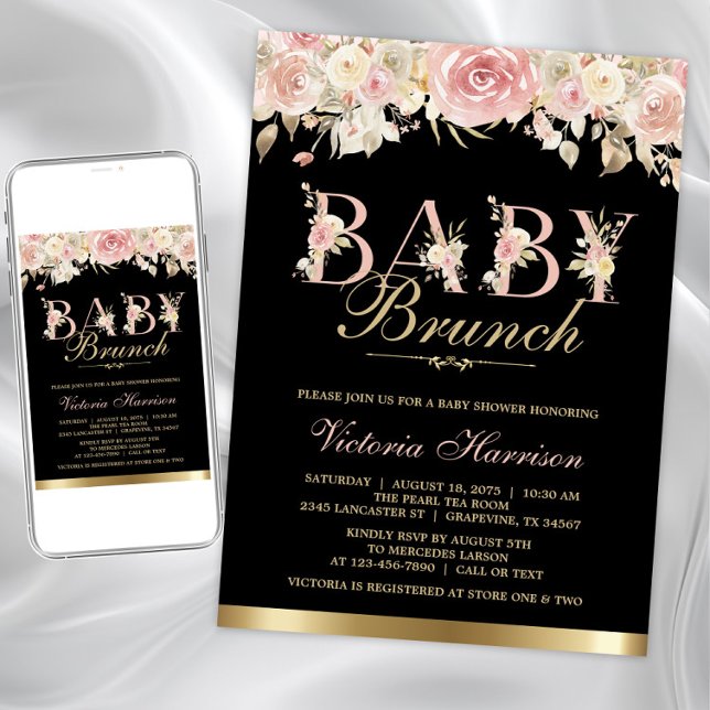 Invitation Baby shower Rose Black Gold Floral Girl Brunch (Baby brunch baby shower invitation. Instant download and printed invitations available.)