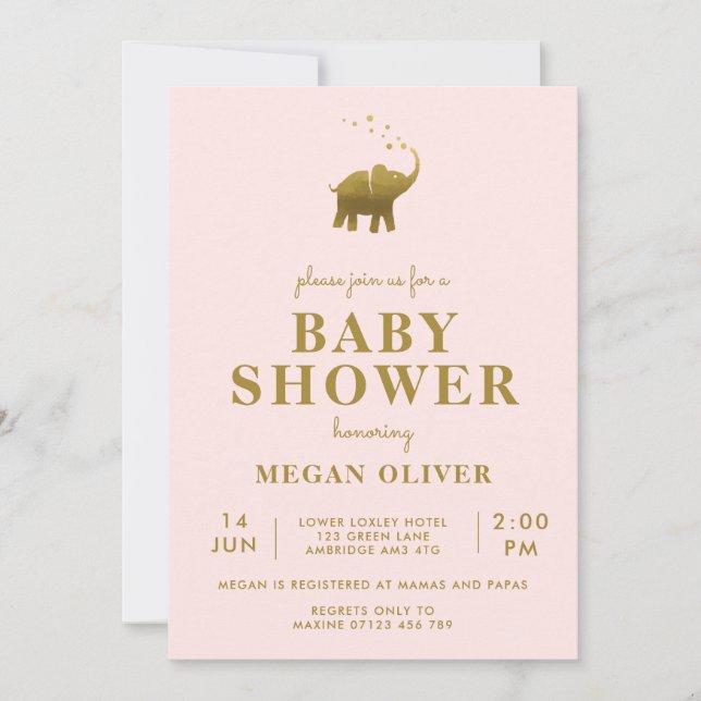 Invitation Baby shower rose bleu d'éléphant d'or (Devant)