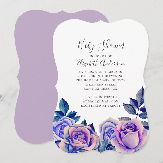Invitation Baby shower rose bleu et violet (Devant / Derrière)