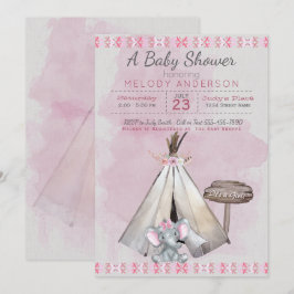 Invitation Baby shower rose Boho Baby Elephant & Tipi