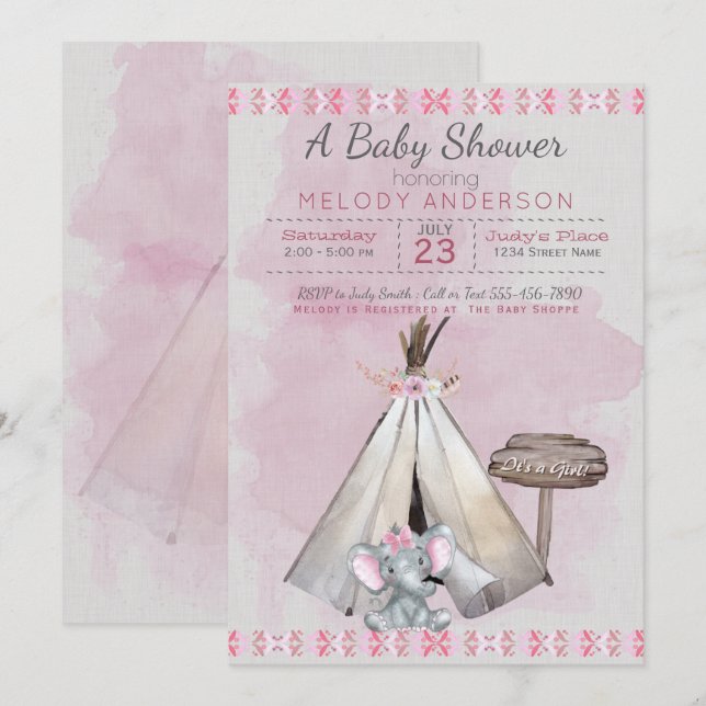 Invitation Baby shower rose Boho Baby Elephant & Tipi (Devant / Derrière)
