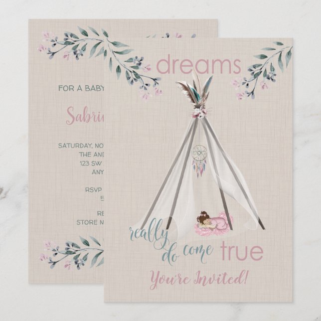 Invitation Baby shower rose Boho Tipi DreamCatcher (Devant / Derrière)