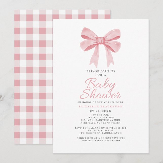 Invitation Baby shower rose Bow Girl Coquette En vichy vérifi (Devant / Derrière)