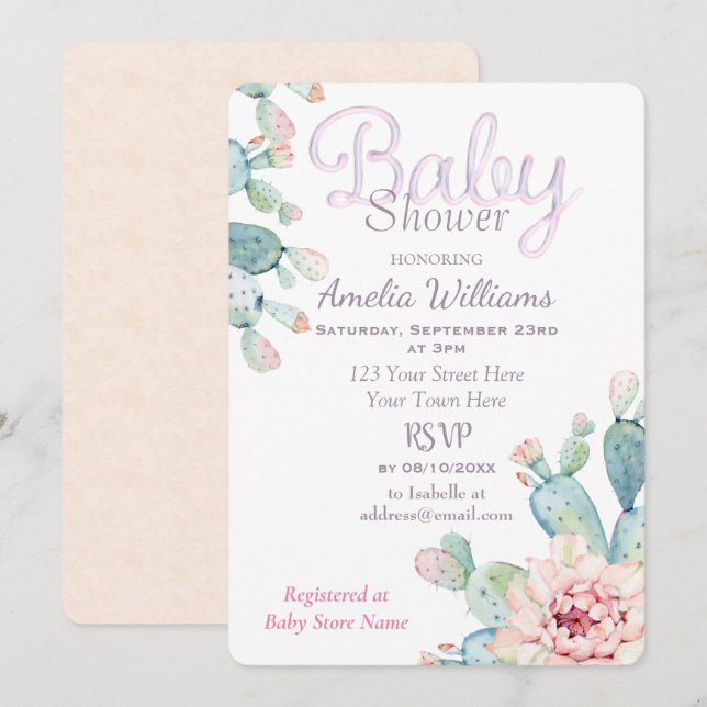 Invitation Baby shower rose cactus pastel Watercolor (Devant / Derrière)