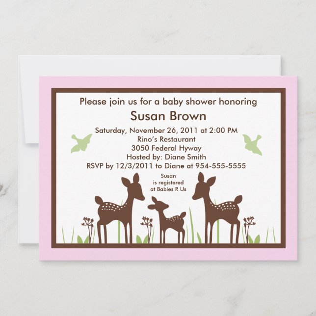 Invitation Baby shower rose cerf/cerf de saule (Devant)