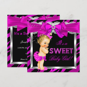 Invitation Baby shower rose chaud Zèbre fille Blonde bébé
