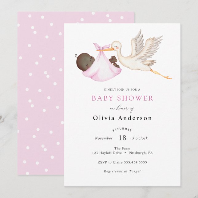 Invitation Baby shower rose cigogne (Devant / Derrière)