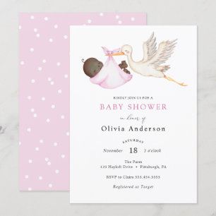Invitation Baby shower rose cigogne